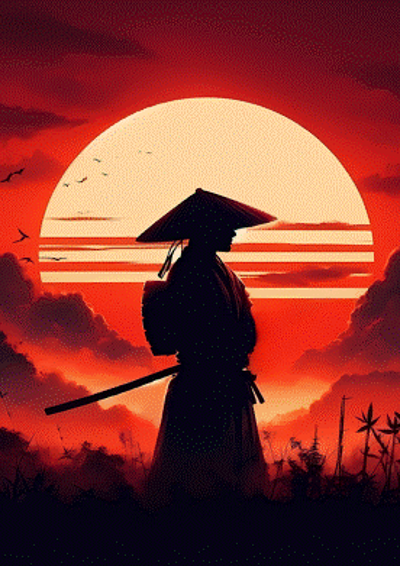 en samurai kriger står foren en solnedgang