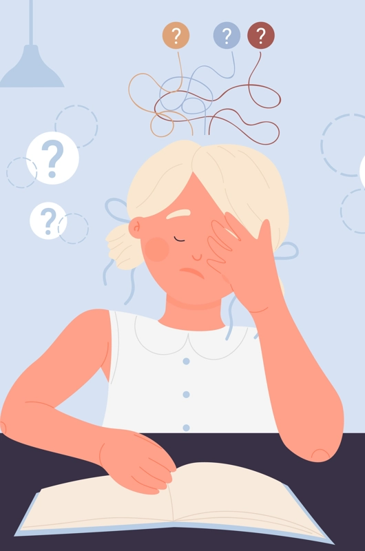 en tegning af en pige som sidder ved et bord. hun er forvirret, sidder med en bog