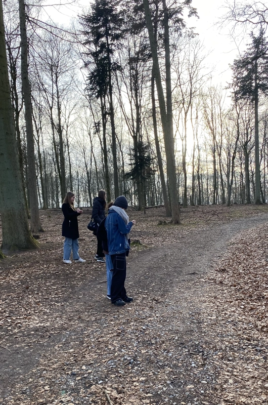 Tre mennesker står i en skov om efteråret, hvor bladene er faldet af træerne og dækker skovbunden.