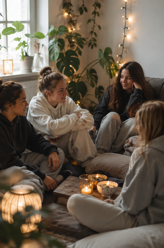 fire piger sidder i sofaer med lyskæder og planter omkring sig